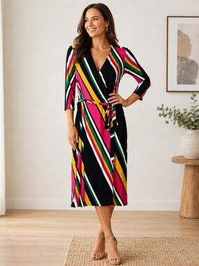 NWT I.N.C. International Concepts Colorblock Stripe Faux Wrap Midi Dress Size L